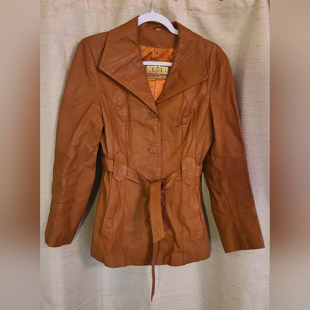 Nordstrom Genuine Leather Lined Belted Jacket - Camel - Women's Size 14